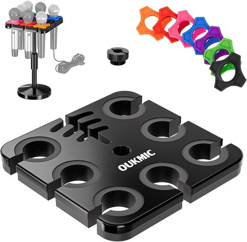 Multi Microphone Holder with Desktop Mic Stand, Square Tray with Cable Slots Holds Up to 7 Mics, Wired and Wireless Mic Holder for Stage Organizer and Display-7 Anti-roll Rings Included in Kuwait