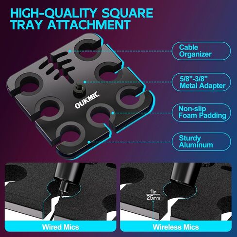 Multi Microphone Holder with Desktop Mic Stand, Square Tray with Cable Slots Holds Up to 7 Mics, Wired and Wireless Mic Holder for Stage Organizer and Display-7 Anti-roll Rings Included in Kuwait
