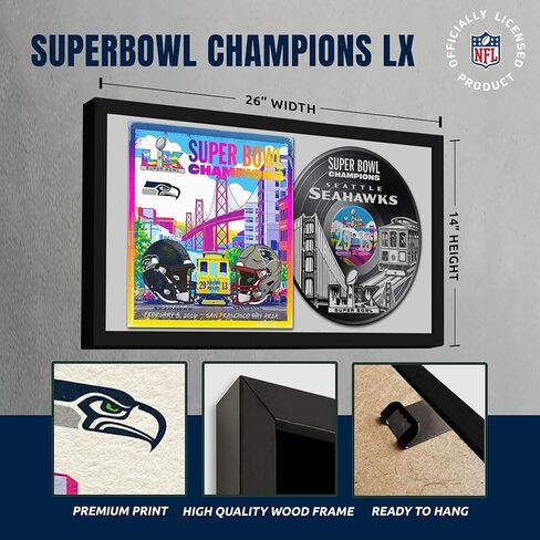Seattle Seahawks Super Bowl 60 Champions Vinyl Album Framed Art Print, Official NFL Football Wall Decor, 14 x 26 in Kuwait