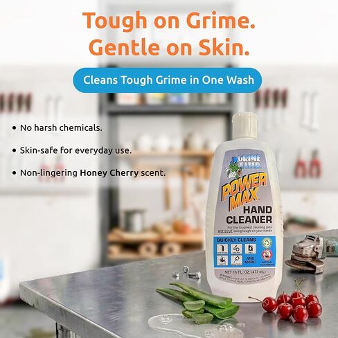منظف ​​اليدين Grime Eater Power Max مع الخفاف - صابون ميكانيكي عالي التحمل للشحوم والزيوت واليوريتان والمواد اللاصقة والطلاء والحبر - 16 فلوريدا. زجاجة ضغط أوقية - غسول صناعي خالٍ من اللانولين in Kuwait