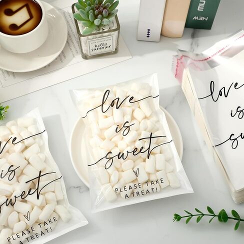 Whaline 100 Pcs Clear Wedding Cookie Bag Love Is Sweet White Kraft Paper Treat Bags Self Adhesive Candy Goodie Bags for Party Favors Supplies in Saudi Arabia