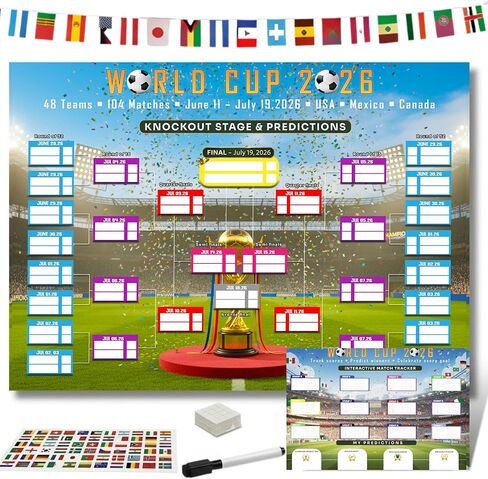 World Cup 2026 Poster Wall Chart Set, Soccer Tournament Bracket Tracker, Includes Flag Stickers, Banner, Marker, Tape, World Cup Poster 2026, Soccer World Cup Merchandise, Mundial 2026 Gifts, World Cup Wall Chart (Large, Multicolor, English) in Saudi Arabia