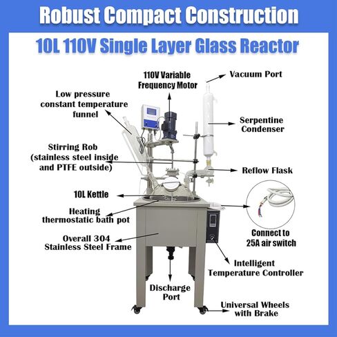 10L 110V Single-Layer Glass Reactor, Digital Display Glass Reaction Vessel, Stainless Steel Chemical Reactor, Reaction Kettle for Laboratory Distillation, Heating and Concentration in Kuwait
