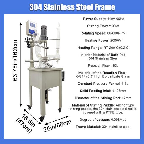 10L 110V Single-Layer Glass Reactor, Digital Display Glass Reaction Vessel, Stainless Steel Chemical Reactor, Reaction Kettle for Laboratory Distillation, Heating and Concentration in Kuwait