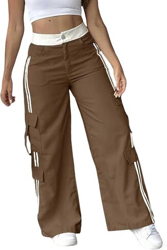Womens Cargo Pants Elastic Waist Hiking Pants Trendy Athletic Wide Leg Trouser High Waisted Pant with Multi-Pockets in Saudi Arabia