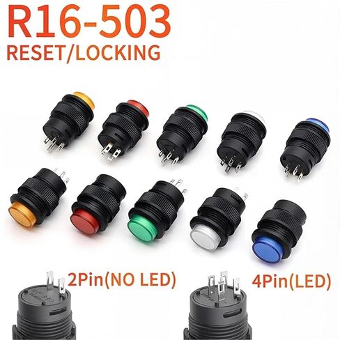 5/10 قطعة مفتاح زر ضغط، قفل ذاتي 16 مم/لحظي مع إضاءة LED 5 ألوان 4Pin R16-503/AD R16-503/BD (بدون LED أزرق، 5 قطع، قفل) in Kuwait