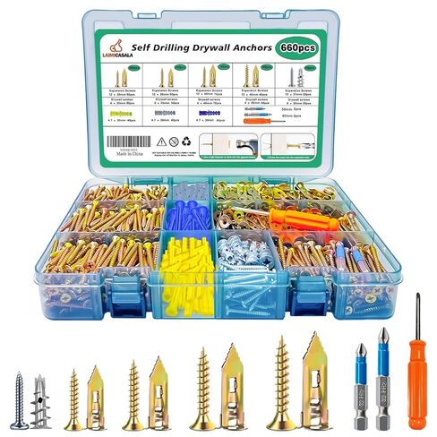 660PCS Self Drilling Drywall Anchors with Screws Kit,5-Sizes Metal Expansion Bolt for Dry Wall,330 PCS Sheetrock Anchors and 330 PCS Screws-No Drill Needed in Kuwait