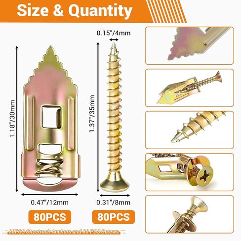 160 PCS Self Drilling Drywall Anchors with Screws Kit, Drywall Grip Anchors and Screws,Easy No-Drill Installation, 80 Anchors + 80 Screws (0.47 x 1.18 inch) in Saudi Arabia