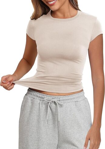 PALINDA Women's Short Sleeve Crew Neck Fitted Shirts Basic Casual Stretchy T Shirt Workout Tops in Kuwait