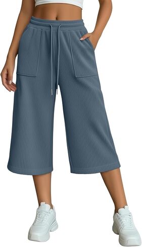 Women's Capri Pants Corduroy Wide Leg Lightweight Sweatpants Lounge Casual Drawstring Cropped Capris with Pockets in Saudi Arabia
