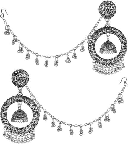Efulgenz الأقراط الهندية المؤكسدة للنساء Chandbali Jhumka Jhumki مجموعة أقراط متدلية كبيرة مع سلسلة الأذن بوهو الهندي سلسلة الشعر المؤكسد مجوهرات البوهيمي بيان مجوهرات للنساء in Saudi Arabia