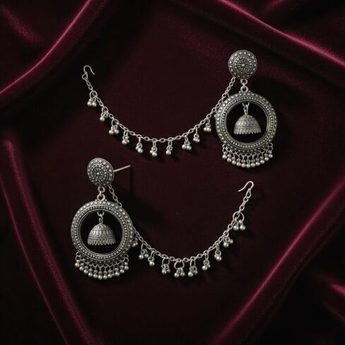 Efulgenz الأقراط الهندية المؤكسدة للنساء Chandbali Jhumka Jhumki مجموعة أقراط متدلية كبيرة مع سلسلة الأذن بوهو الهندي سلسلة الشعر المؤكسد مجوهرات البوهيمي بيان مجوهرات للنساء in Saudi Arabia