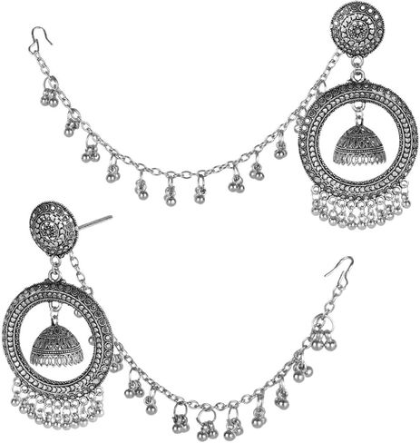 Efulgenz الأقراط الهندية المؤكسدة للنساء Chandbali Jhumka Jhumki مجموعة أقراط متدلية كبيرة مع سلسلة الأذن بوهو الهندي سلسلة الشعر المؤكسد مجوهرات البوهيمي بيان مجوهرات للنساء in Saudi Arabia