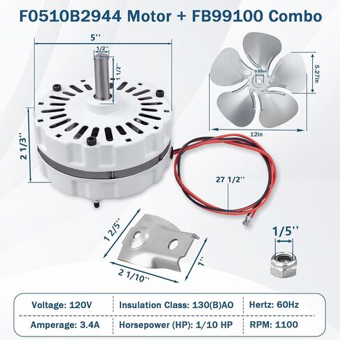 F0510B2944 محرك مروحة تهوية العلية وFB99100 12 بوصة استبدال المروحة شفرة مروحة العلية لسلسلة Lomanco 2000/1800 F0510B2497 A0416B2059 3.4 أمبير 1100 دورة في الدقيقة 115 فولت 5 شفرات 32 درجة لعمود 1/2 بوصة in Kuwait
