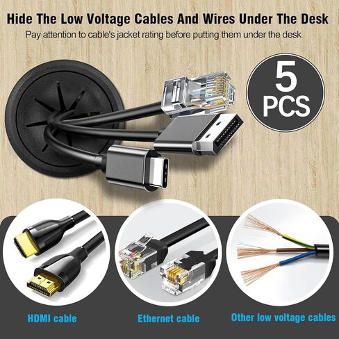 2" Black Desk Grommet, JTemgle Flexible Cable Grommet Plastic Cable Hole Cover Wire Organizer Caps Desktop Cord Management for Home Office TV Stands Tabletops, 5 Pieces in Kuwait