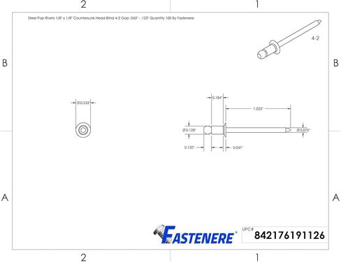 Fastenere Steel Pop Rivets – 1/8" x 1/8" (100 pcs) Flat Countersunk Head, Low Carbon, Heavy Duty Steel Mandrel, Open-End Blind Rivets for Sheet, Furniture, & Marine Use, 4-2 Gap .063" - .125" in Saudi Arabia