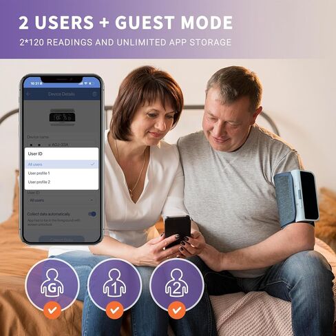 @AL21 جهاز قياس ضغط الدم بتقنية البلوتوث من أعلى الذراع - جهاز ضغط الدم التلقائي القابل لإعادة الشحن للاستخدام المنزلي، مجموعة لاسلكية رقمية ذكية دقيقة مع سوار كبير (8.7-16.5 بوصة)، مزامنة بيانات التطبيق، مستخدمان in Kuwait