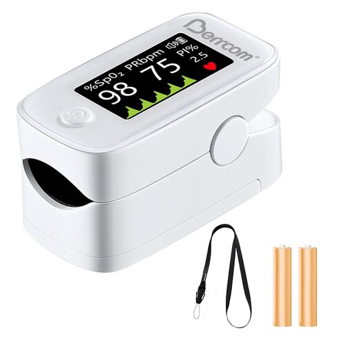 مقياس تأكسج نبض الإصبع من بيركوم مع شاشة LED وتتبع متعدد المعلمات (SpO2، PR، PI)، جهاز مراقبة أكسجين الدم سريع ودقيق، يتضمن البطاريات والحبل (أبيض) in Kuwait