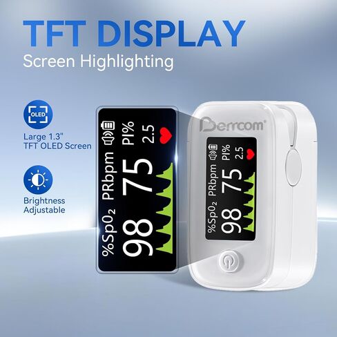 مقياس تأكسج نبض الإصبع من بيركوم مع شاشة LED وتتبع متعدد المعلمات (SpO2، PR، PI)، جهاز مراقبة أكسجين الدم سريع ودقيق، يتضمن البطاريات والحبل (أبيض) in Kuwait