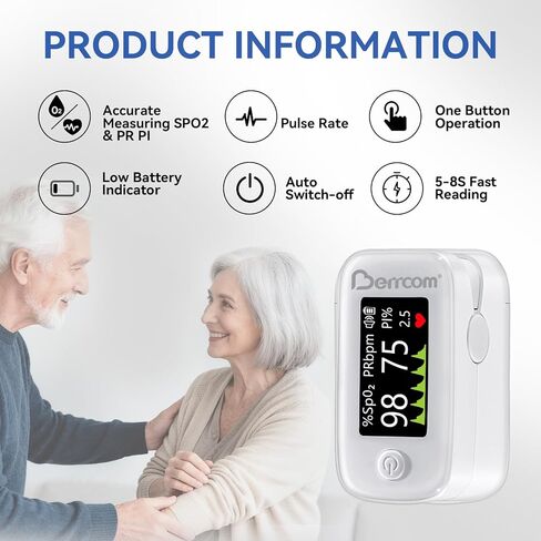 مقياس تأكسج نبض الإصبع من بيركوم مع شاشة LED وتتبع متعدد المعلمات (SpO2، PR، PI)، جهاز مراقبة أكسجين الدم سريع ودقيق، يتضمن البطاريات والحبل (أبيض) in Kuwait