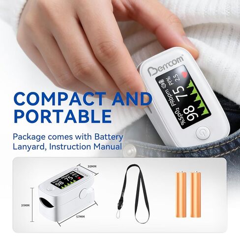 مقياس تأكسج نبض الإصبع من بيركوم مع شاشة LED وتتبع متعدد المعلمات (SpO2، PR، PI)، جهاز مراقبة أكسجين الدم سريع ودقيق، يتضمن البطاريات والحبل (أبيض) in Kuwait