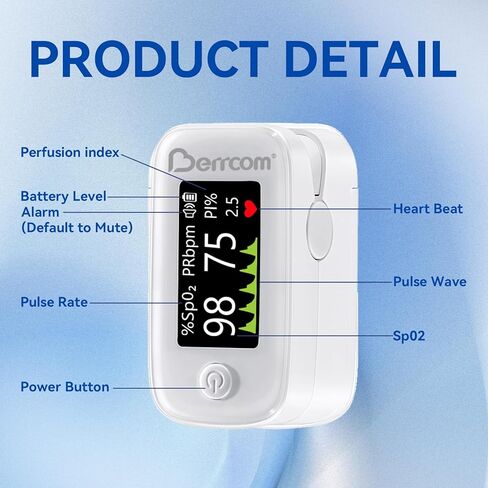 مقياس تأكسج نبض الإصبع من بيركوم مع شاشة LED وتتبع متعدد المعلمات (SpO2، PR، PI)، جهاز مراقبة أكسجين الدم سريع ودقيق، يتضمن البطاريات والحبل (أبيض) in Kuwait