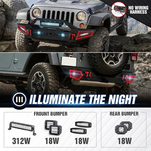 for JK Full Width Front and Rear Bumpers Compatible with 2007 2008 2009 2010 2011 2012 2013 2014 2015 2016 2017 2018 Jeep Wrangler JK JKU w/LED Lights, Hitch Receiver, Paintable Armor & D-rings in Saudi Arabia
