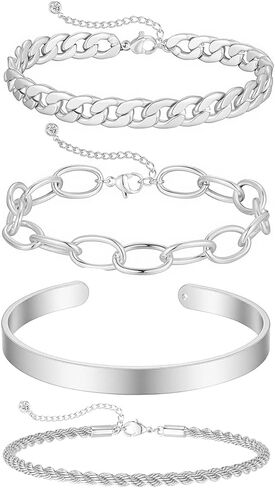 Silver Bracelets for Women Stacks Silver Bangles for women - Stackable Tennis Paperclip Melon Seed Cuban Chain Bracelets Non Tarnish Herringbone Pack Jewelry Gift for Women in Kuwait