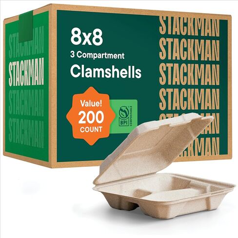 [Bulk - 200-Count] 100% Compostable to Go Containers 8x8" 3-Compartment Clamshell Take Out Food Container with Hinged Lid - Disposable Togo Plates - Eco-Friendly Takeout Box Made of Sugar Cane Bagasse in Saudi Arabia