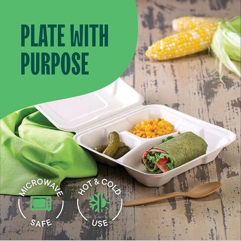 [Bulk - 200-Count] 100% Compostable to Go Containers 8x8" 3-Compartment Clamshell Take Out Food Container with Hinged Lid - Disposable Togo Plates - Eco-Friendly Takeout Box Made of Sugar Cane Bagasse in Saudi Arabia