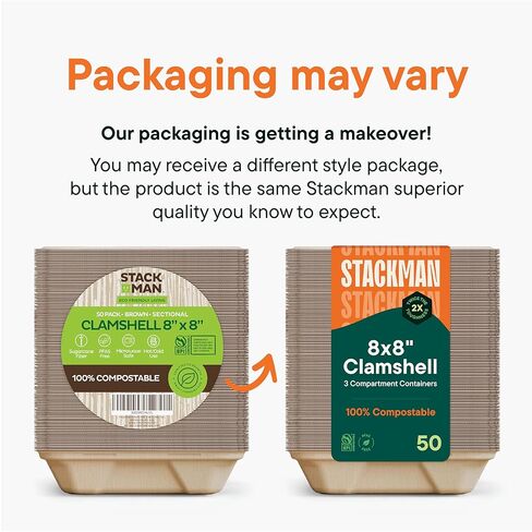 [Bulk - 200-Count] 100% Compostable to Go Containers 8x8" 3-Compartment Clamshell Take Out Food Container with Hinged Lid - Disposable Togo Plates - Eco-Friendly Takeout Box Made of Sugar Cane Bagasse in Saudi Arabia