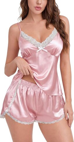 Vrtige Women's Satin Pajama Set 2 Piece Lingerie Sleepwear Lace Cami Split Short Set V Neck Pjs in Saudi Arabia