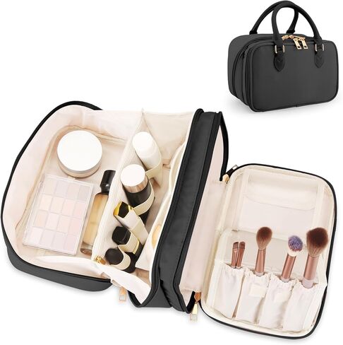 Travel Makeup Bag for Women Fashion Large Capacity Pouch Open Flat Cosmetic Portable Organizer Waterproof Large Opening Storage Toiletry Bags Vertical Free-Standing Brush Holder for Easy Access Black in Saudi Arabia