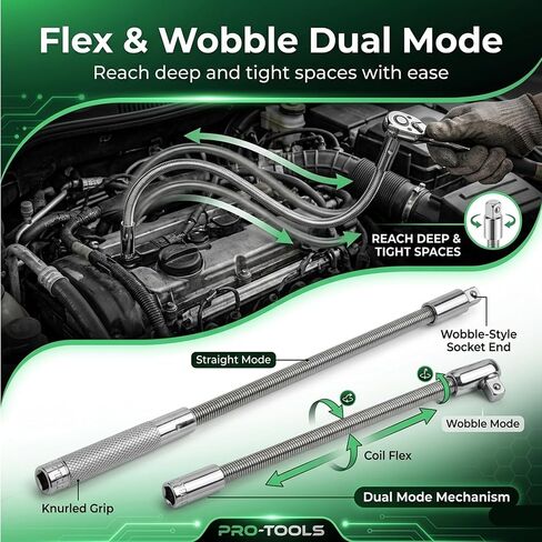 12 Inch 1/4 Inch Drive Flex Wobble Extension with Spring Loaded Shaft and Dual Mode Swivel Design for Engine Bay and Tight Space Automotive Access in Saudi Arabia