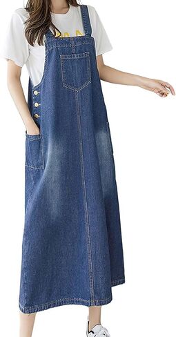 Ebossy Women's Patchwork Denim Bib بشكل عام الزر غير الرسمي Jean Maxi Long Pinafore فستان مع جيب in Saudi Arabia