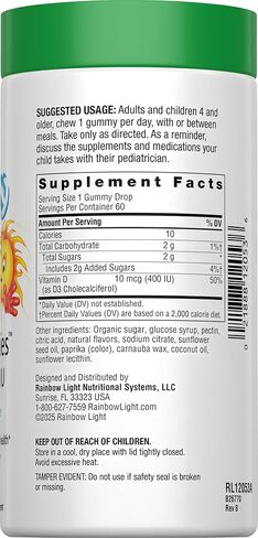 Rainbow Light - Sunny Gummies Vitamin D3 400 IU, 60 Count, Immune Health, Tangy Tangerine Flavor in Kuwait