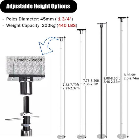 Static & Dancing Pole/Strength Train,Ceiling-Mounted Pole Dance Set w/Fixed Plate,7.3ft-9ft Adjustable Steel Stripping Poles in Saudi Arabia