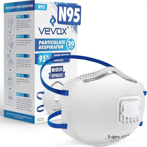 قناع VEVOX™️ N95 – معتمد من NIOSH – 10 أو 20 عبوة – جهاز تنفس جسيمات بصمام – ختم مريح للغاية – قناع غبار للبالغين in Kuwait