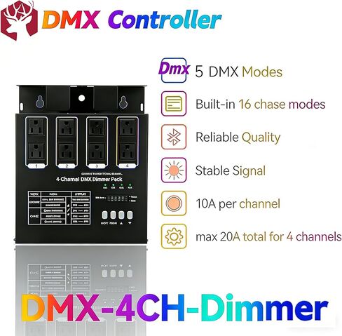 DMX Controller 4-Channel Dimmer Pack Dmx 512 Protocol, Chase Mode & Overload Protection, Compatible with High-Voltage Halogen & LED Bulbs,20A Max for Stage Lighting Control in Saudi Arabia
