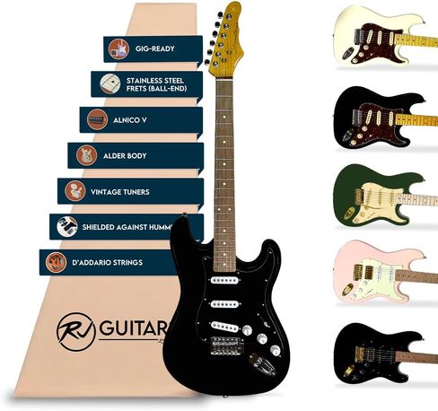 Gigline Skycaster Electric Adult S-Type Full Size, Alder Body, Stainless Steel Frets (Ball End), Bone Nut, SSS Alnico V, Black in Saudi Arabia