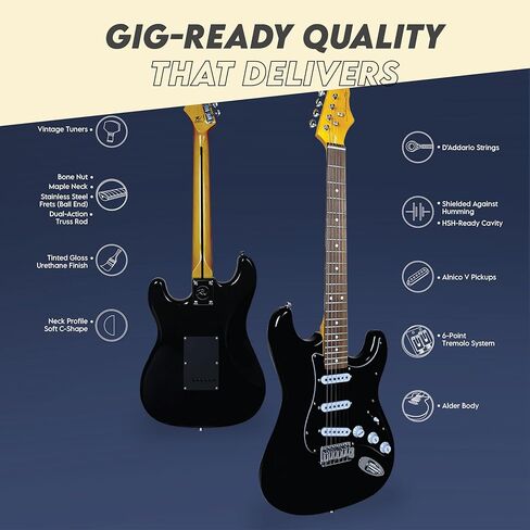 Gigline Skycaster Electric Adult S-Type Full Size, Alder Body, Stainless Steel Frets (Ball End), Bone Nut, SSS Alnico V, Black in Saudi Arabia