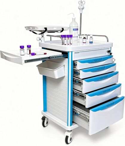 Medical Crash Cart with Emergency Accessory - Cardiac Board, IV Pole, O2 Holder, Power Strip, Trash Bin, Drawers with Dividers - Medical Emergency Crash Cart with Wheels for Hospitals and Clinics in Kuwait
