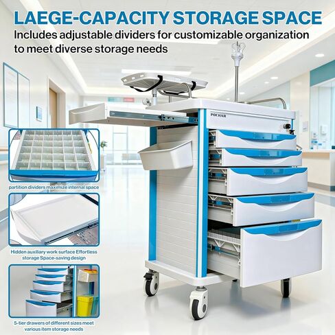 Medical Crash Cart with Emergency Accessory - Cardiac Board, IV Pole, O2 Holder, Power Strip, Trash Bin, Drawers with Dividers - Medical Emergency Crash Cart with Wheels for Hospitals and Clinics in Kuwait