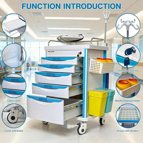 Medical Crash Cart with Emergency Accessory - Cardiac Board, IV Pole, O2 Holder, Power Strip, Trash Bin, Drawers with Dividers - Medical Emergency Crash Cart with Wheels for Hospitals and Clinics in Kuwait