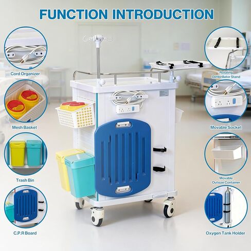 Medical Crash Cart with Emergency Accessory - Cardiac Board, IV Pole, O2 Holder, Power Strip, Trash Bin, Drawers with Dividers - Medical Emergency Crash Cart with Wheels for Hospitals and Clinics in Kuwait