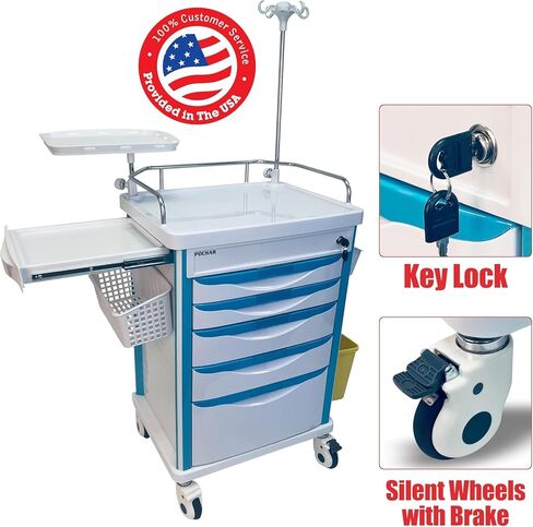 Medical Crash Cart with Emergency Accessory - Cardiac Board, IV Pole, O2 Holder, Power Strip, Trash Bin, Drawers with Dividers - Medical Emergency Crash Cart with Wheels for Hospitals and Clinics in Kuwait