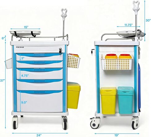 Medical Crash Cart with Emergency Accessory - Cardiac Board, IV Pole, O2 Holder, Power Strip, Trash Bin, Drawers with Dividers - Medical Emergency Crash Cart with Wheels for Hospitals and Clinics in Kuwait