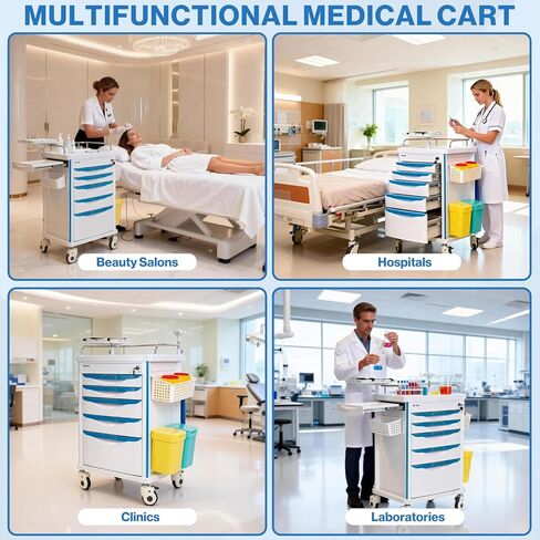 Medical Crash Cart with Emergency Accessory - Cardiac Board, IV Pole, O2 Holder, Power Strip, Trash Bin, Drawers with Dividers - Medical Emergency Crash Cart with Wheels for Hospitals and Clinics in Kuwait