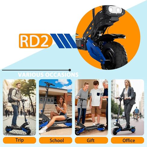 سكوتر كهربائي RD2 5000 واط للبالغين مع محرك مزدوج، سرعة قصوى 50 ميل في الساعة، نطاق أقصى 55 ميل، بطارية 60 فولت/25 أمبير، فرامل هيدروليكية، سكوتر إلكتروني للطرق الوعرة مع حريق دهون بدون أنبوب 10.5 بوصة، مع NFC وبلوتوث in Kuwait