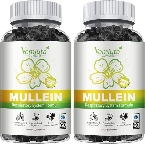 عبوتين من مضغ مولين 3000 ملغ للرئة - مستخلص أوراق مولين للتخلص من سموم الرئتين للمدخنين - كيرسيتين مع بروميلين لدعم الجهاز التنفسي والمناعي والهضمي، 120 قطعة عنبية in Kuwait